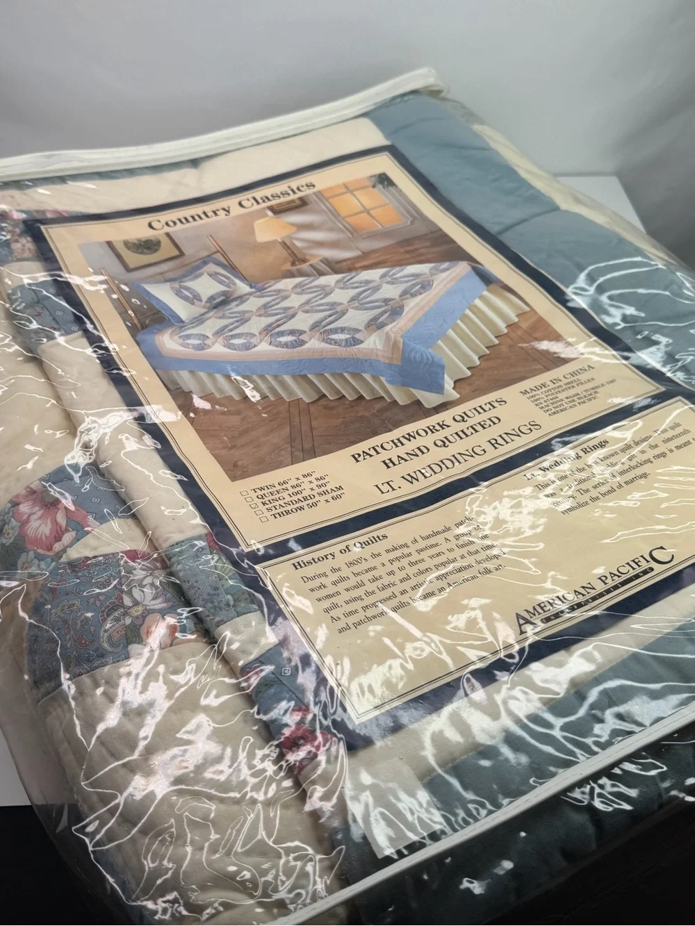 American Pacific Blue Cream Country Classics Wedding Ring Patchwork King Quilt